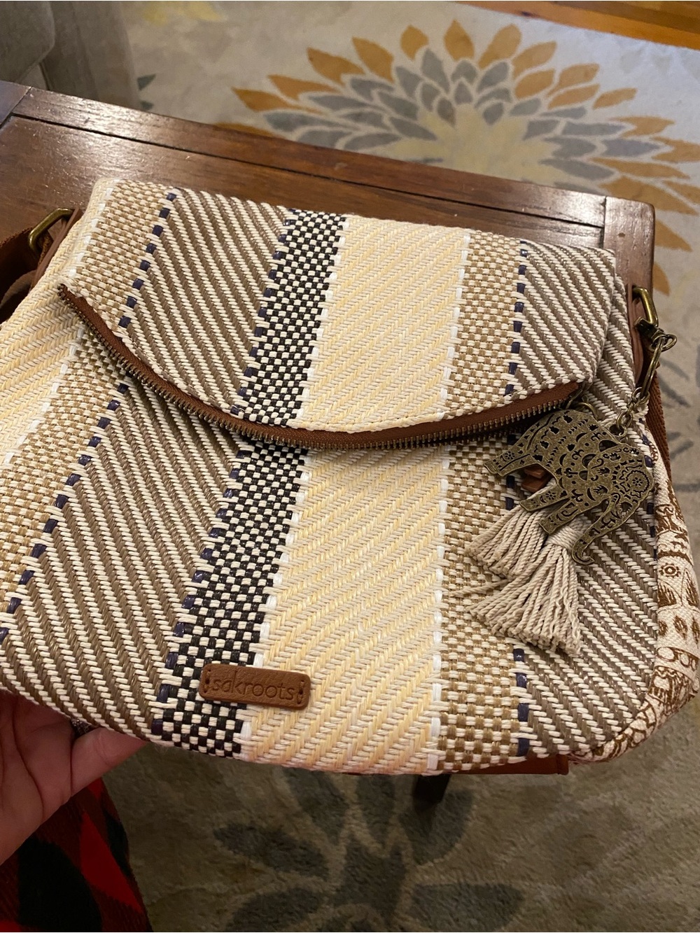 Sakroots Beige, Cream & Brown Woven Crossbody with Tassel Charm